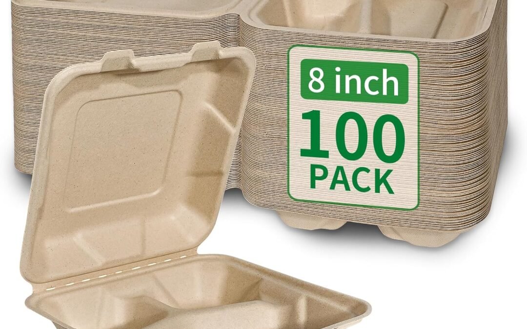 Private Label Aricsen Compostable 100 Pack 8×8 Inch 3 Compartment Takeout Lunch Box Containers with Lid To Go Take Out Clamshell for Food, Disposable Eco-Friendly Biodegradable Bagasse, PFAS-Free, Unbleached Brown Manufacturer