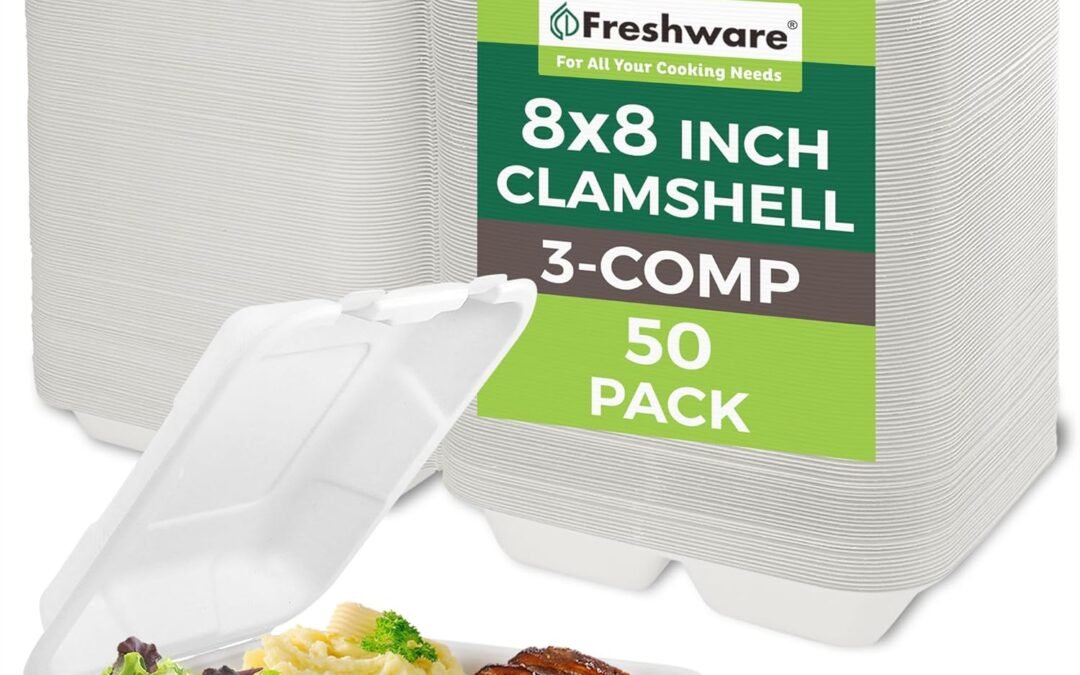Freshware Compostable Clamshell Food Containers [8x8] 3-Compartment 50-Pack, Disposable Containers, Biodegradable Sugarcane To Go Boxes - Paper Food Containers - Microwave & Freezer Safe, Stackable