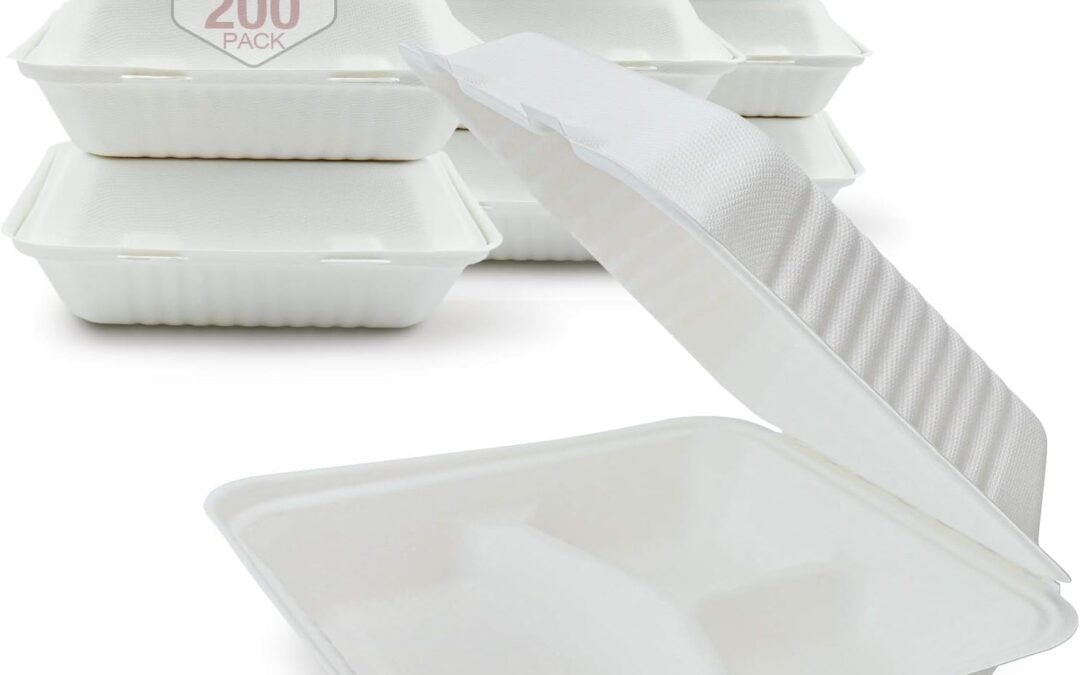 Private Label Green Earth 9-inch, 200-Count, 3-Compartment, Compostable Clamshell, Natural Bagasse (Sugarcane Fiber), Take-Out/to-Go Food Boxes – Biodegradable Containers, Hinged Lid Microwave-Safe Gluten-Free Manufacturer