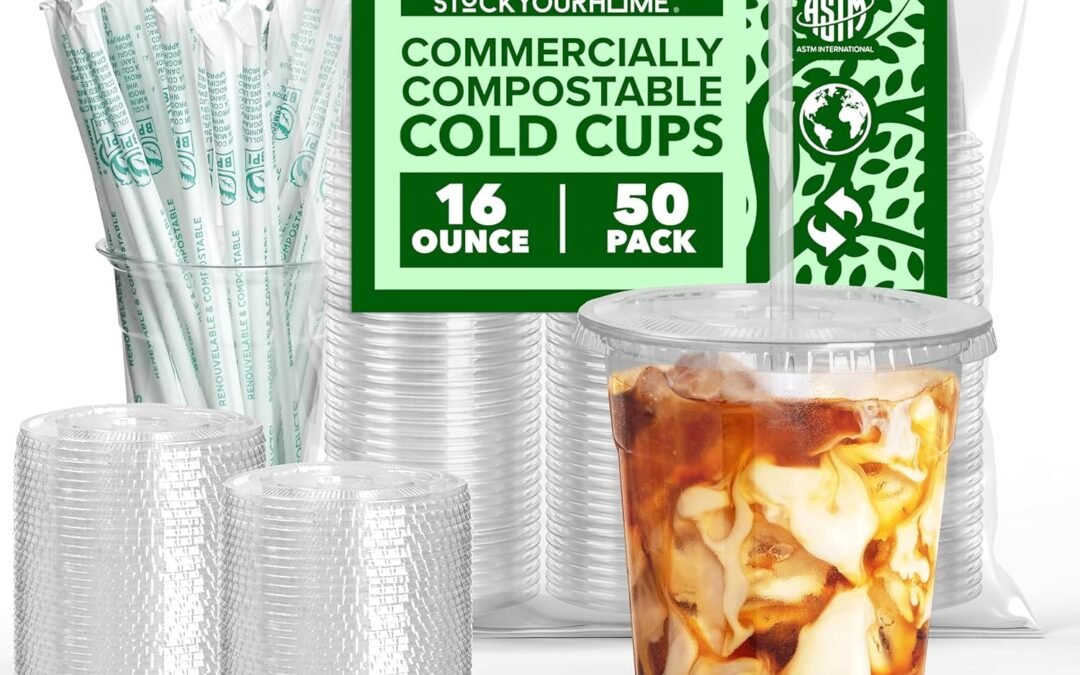Stock Your Home 16 oz Clear Commercially Compostable Cups with Lids and Straws (Set of 50) Plant Based Cold Cups Eco Party Cup, Environmentally Friendly Recyclable Disposable Sustainable Manufacturer & Supplier