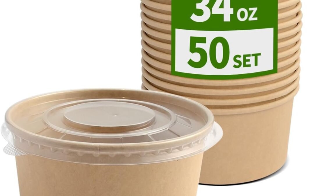 50 Pack 34 oz Paper Bowls with Lids, Paper Meal Prep Containers with Lids, Microwavable and Freezer Storage Use Cardboard Food Containers