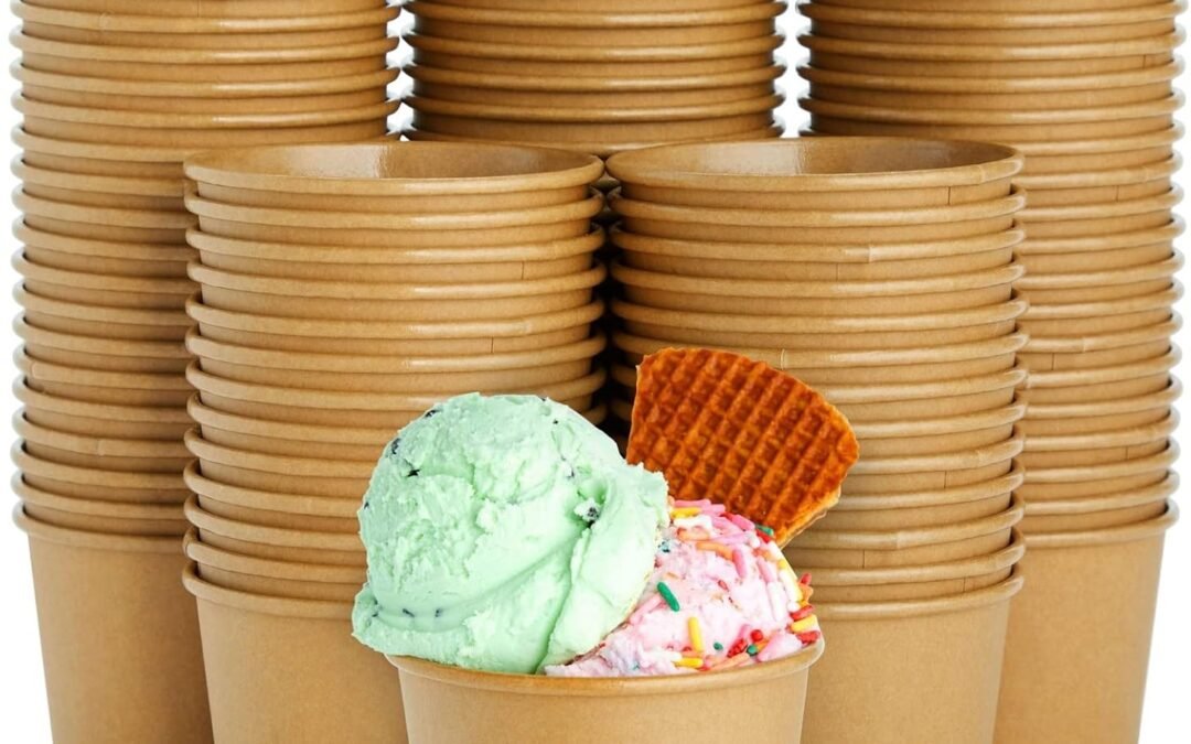 Juvale 100 Pack Paper Ice Cream Cups, Disposable Dessert Bowls for Sundae Bar, Frozen Yogurt, Brown (8 oz)