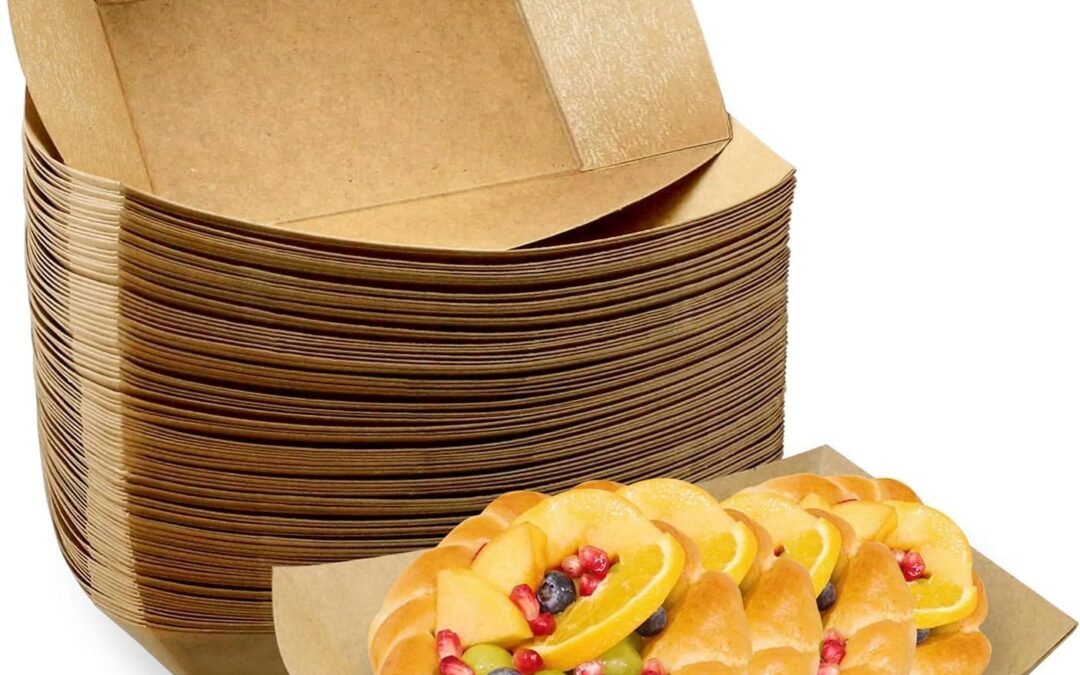 Oomcu 100 Pack 3 lb Heavy Duty Paper Food Trays - Disposable Kraft Brown Paper Boats for Party Snacks, Nachos, Hot Dogs, Tacos & BBQ