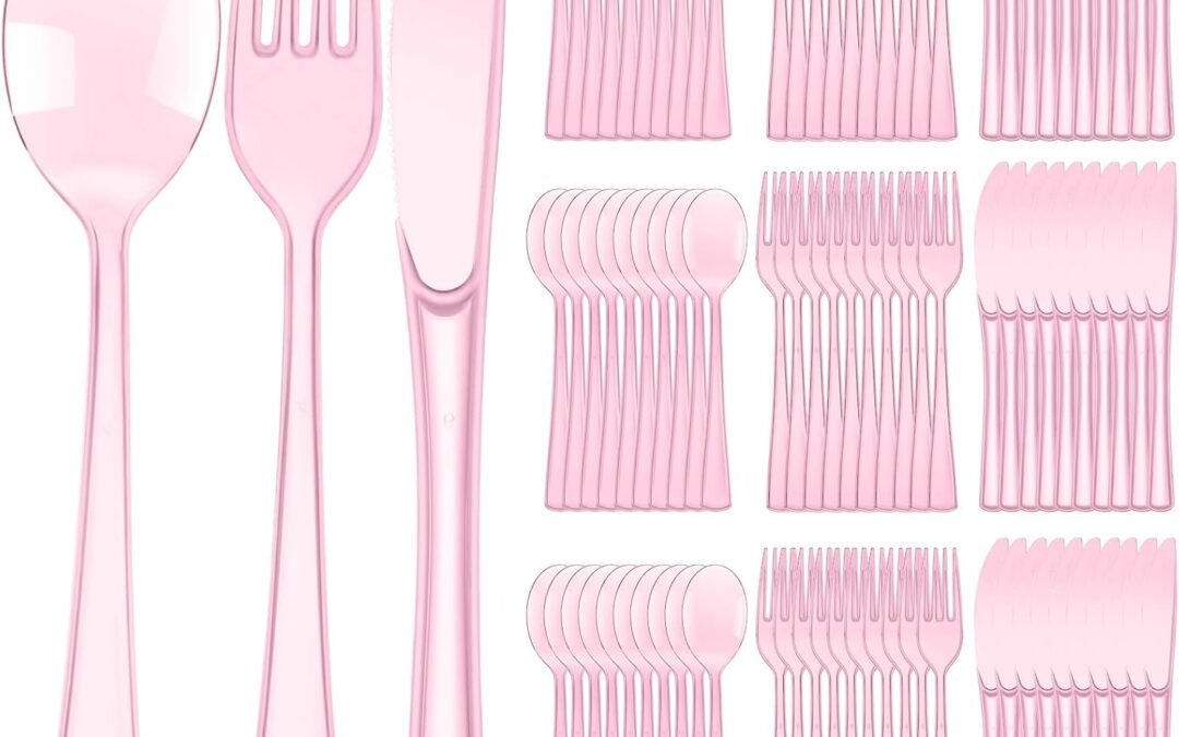 Trusted Supplier 150 Pieces Disposable Cutlery Set Plastic Silverware Heavy Duty Utensil Sets 50 Forks 50 Knives 50 Spoons for Home Office School Party Picnics Restaurant Outdoor Events or Every Day Use (Pink) at Factory Price