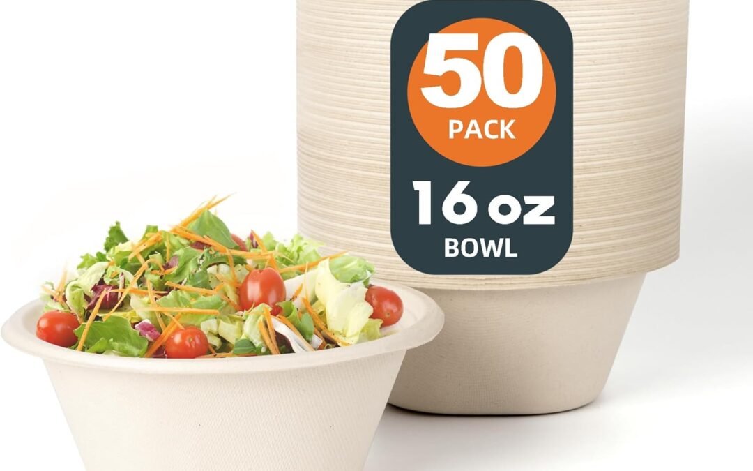16 OZ [50 Pack] Heavy Duty Disposable Paper Bowls - Eco-friendly Natural Bagasse - Biodegradable Bowls for Cereal, French Fries,Rice