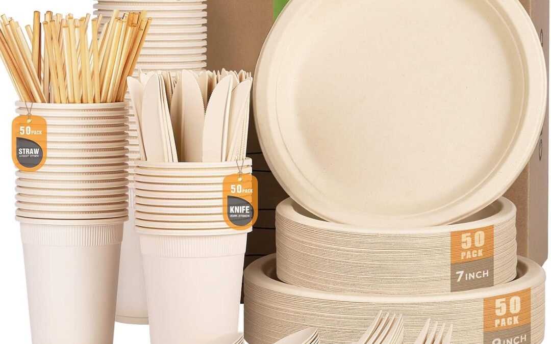 Trusted Supplier Gezond 350pcs Compostable Paper Plates Set Eco-friendly Heavy-duty Disposable Paper Plates Cutlery Includes Eco-friendly Plate, Forks, Knives, Spoons, Cups and Straws for Wedding Party, 50 Guests at Factory Price
