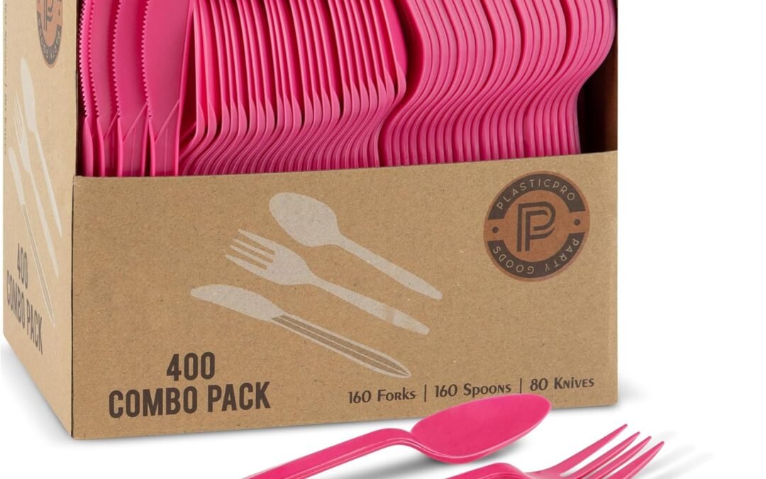 Trusted Supplier PLASTICPRO 400 Pack Disposable Plastic Utensils Assorted Colored Cutlery Combo Set Forks Spoons Knives Silverware, Pink Plastic Cutlery for Parties at Factory Price
