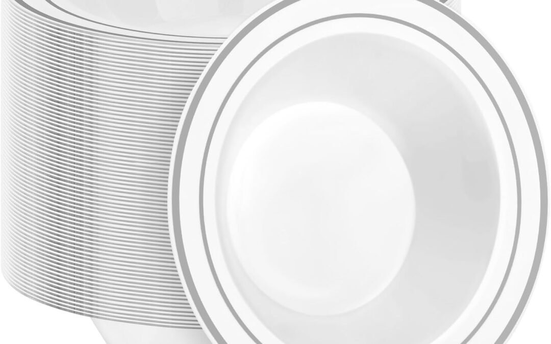 Wholesale 100 Pack Disposable Soup Bowls with Silver Rim, 12oz Premium Heavy Duty Plastic Dinner Bowls for Party, Wedding and Holiday Manufacturer