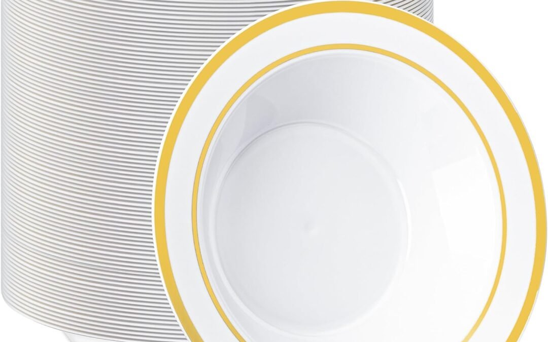 Wholesale 100 Pack Plastic Bowls with Gold Rim, 12 oz Disposable Soup Bowls, Heavy-duty Dessert Salad Bowl for Party, Wedding, Dinner, Christmas, Thanksgiving, and Catering Manufacturer
