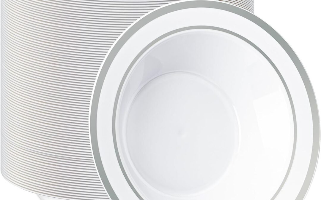 Wholesale 100 Pack White Plastic Bowls with Silver Rim, 12 oz Disposable Soup Bowls, Heavy-duty Dessert Salad Bowl for Party, Wedding, Dinner, Christmas, Thanksgiving, and Catering Manufacturer