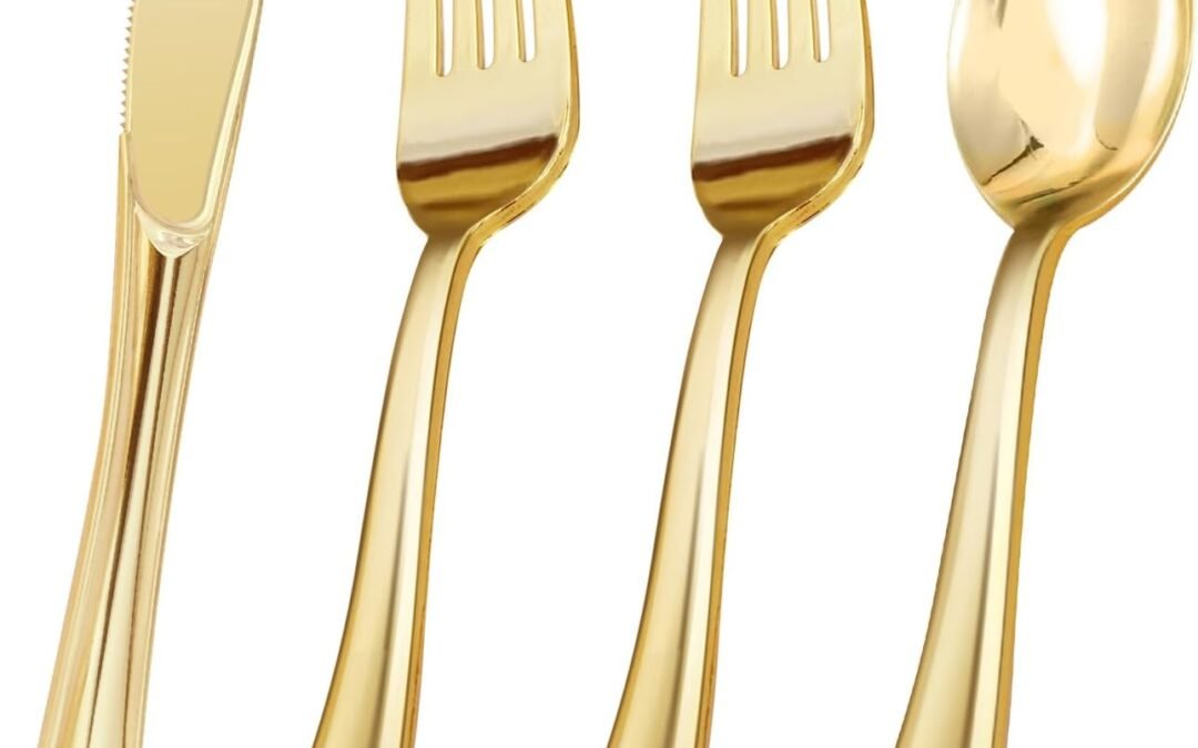 Wholesale 60PCS Gold Plastic Silverware, Gold Disposable Utensils, Heavy Duty Cutlery Set of 30 Gold Forks, 15 Gold Spoons, 15 Gold Knives for Parties, Weddings, Catering and Daily Use Manufacturer