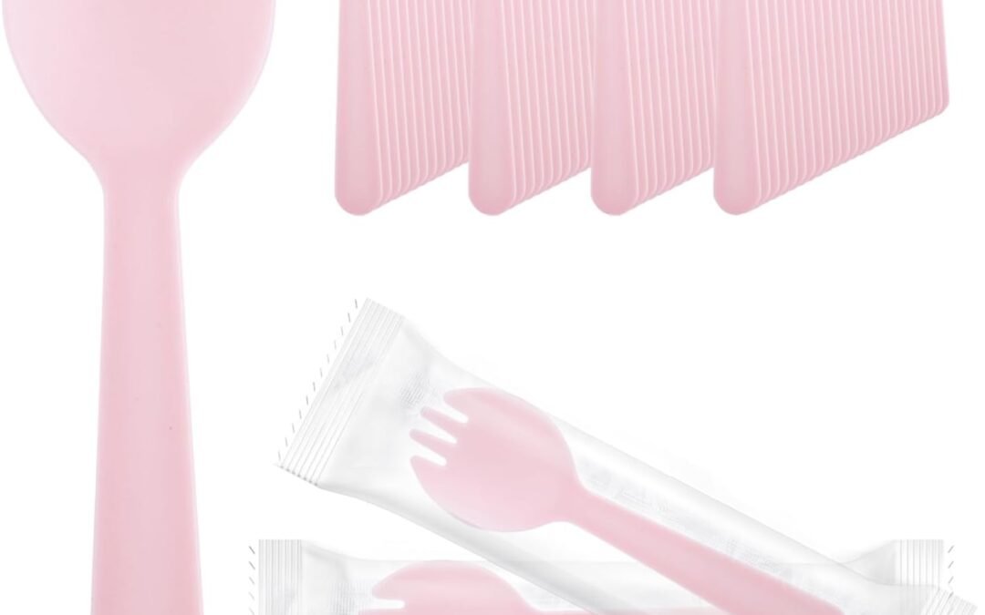 EUSOAR Disposable Sporks, 100pcs 4.5"x1.3" Plastic Sporks, Heavy Duty Heavyweight Disposable Utensils Silverware Set Individually Wrapped Fork Spoon for Party Bulk Wedding Birthday Gathering-Pink