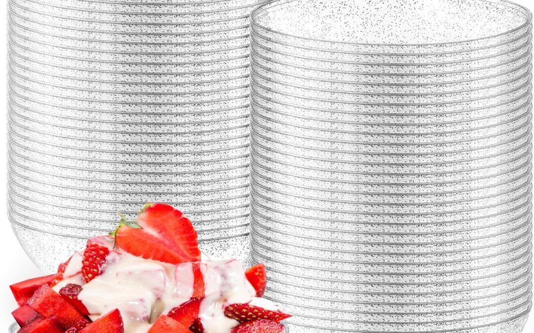 Wholesale Gerrii 100 Pack Gold Glitter Plastic Bowls 14oz Disposable Salad Serving Bowls Heavy Duty Clear Dessert Soup Containers for Party, Wedding, Birthday, Dinner and Christmas(Silver) Manufacturer
