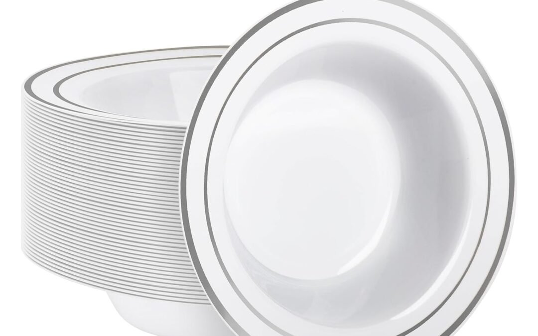 Wholesale Goodluck 50 Pack Plastic Bowls with Silver Rim, 12oz Disposable Soup Bowls for Weddings, Parties, Dinners, Catering, and Everyday Use Manufacturer