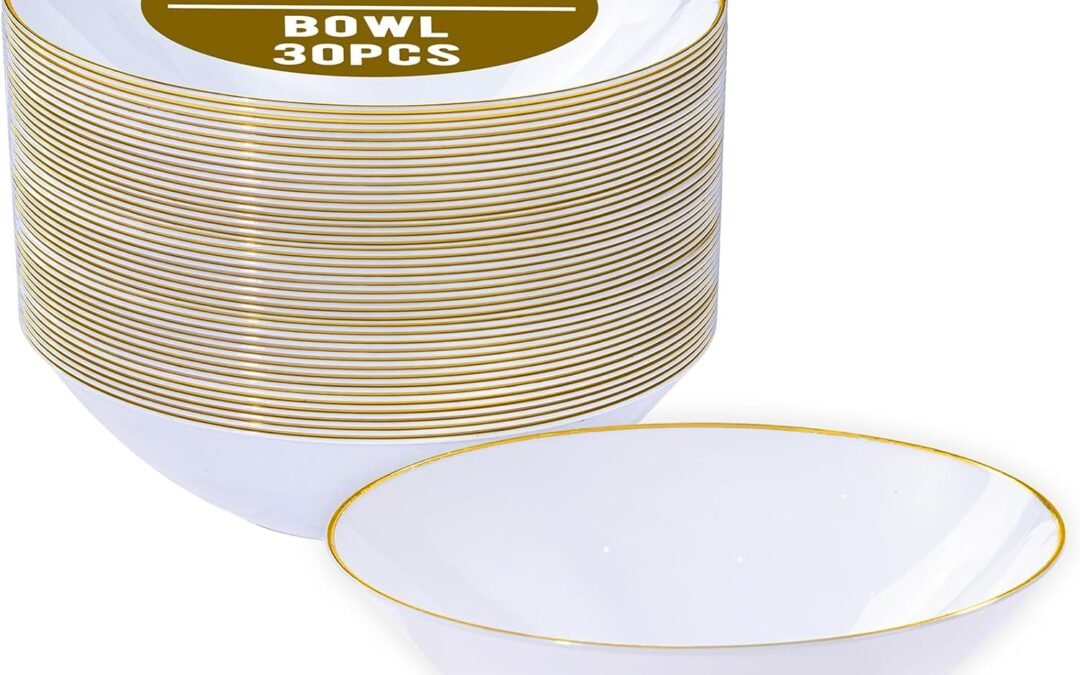 Wholesale I00000 16-24 Oz 30 Count White Disposable Soup Bowls with Gold Rim Plastic Bowls Disposable Premium Heavyweight Elegant Plastic Salad Bowl for Holidays, Parties, Weddings Manufacturer