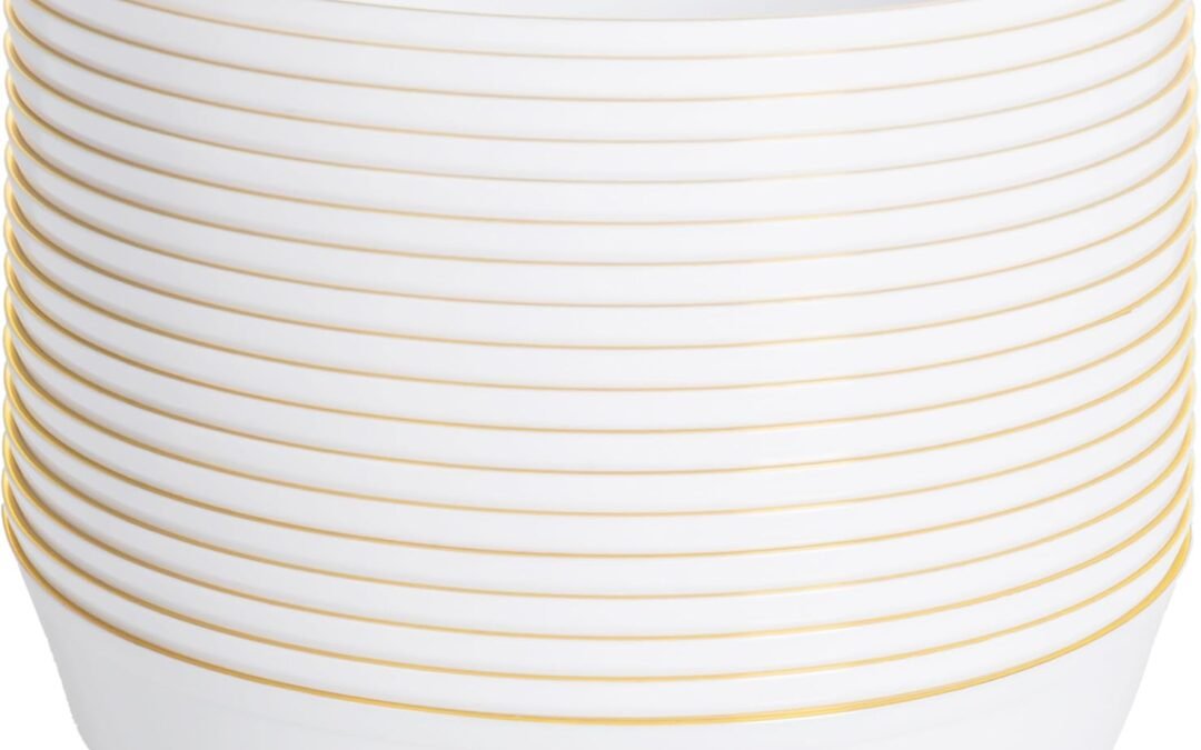 Wholesale I00000 30 Pack White Plastic Bowls with Gold Rim,16-24oz Disposable Soup Bowls,Premium Heavy Plastic Serving Bowls Ideal for Salad, Soup,Noodles Manufacturer