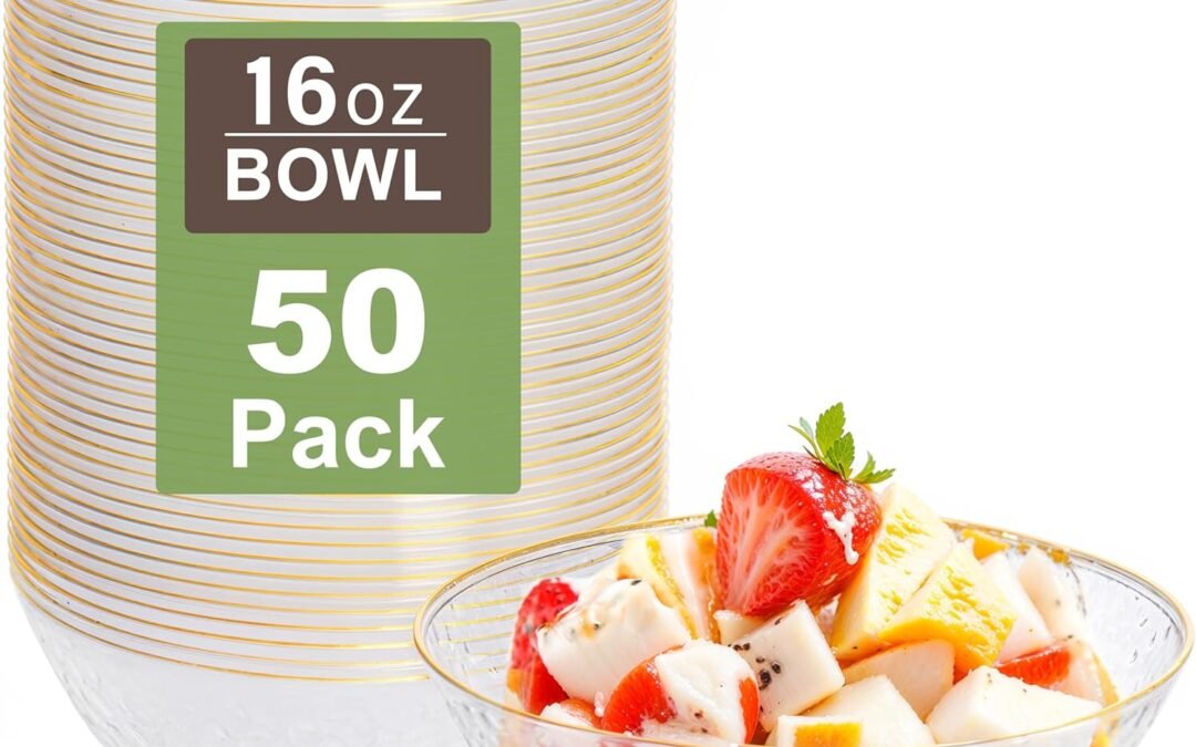 Wholesale I00000 50 Pack 12-16 Ounce Clear Plastic Bowls Hammered Gold Rimmed Crystal Like, Heavy duty Disposable Bowl Set,Elegant Soup/Salad/Dessert/Ice Cream Bowls For Party, Weddings, Catering Manufacturer