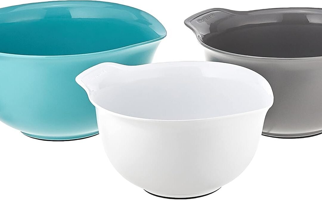 Wholesale KitchenAid Universal Nesting Plastic Mixing Bowls, Set Of 3, 2.5 quart, 3.5 quart, 4.5 quart, Non Slip Base with Easy Pour Spout to Reduce Mess, Dishwasher Safe, Aqua Sky, White, Gray Manufacturer