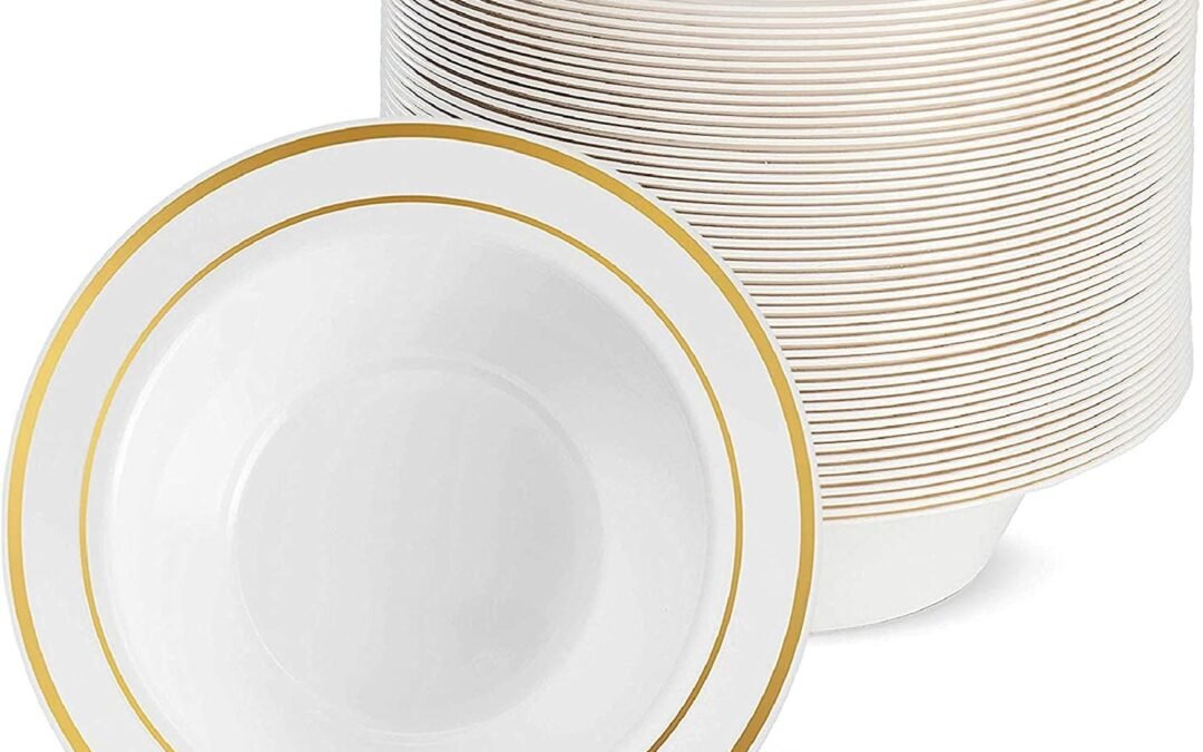 Wholesale MATANA 25 Pack Plastic Bowls for Parties in White with Gold Rim, 7.5″ Inch (12oz) Reusable Sturdy Salad Bowl, Soup Bowl, Dessert & Ice Cream Bowl for Wedding Parties, Events, Dinner, Outdoor Picnic Manufacturer