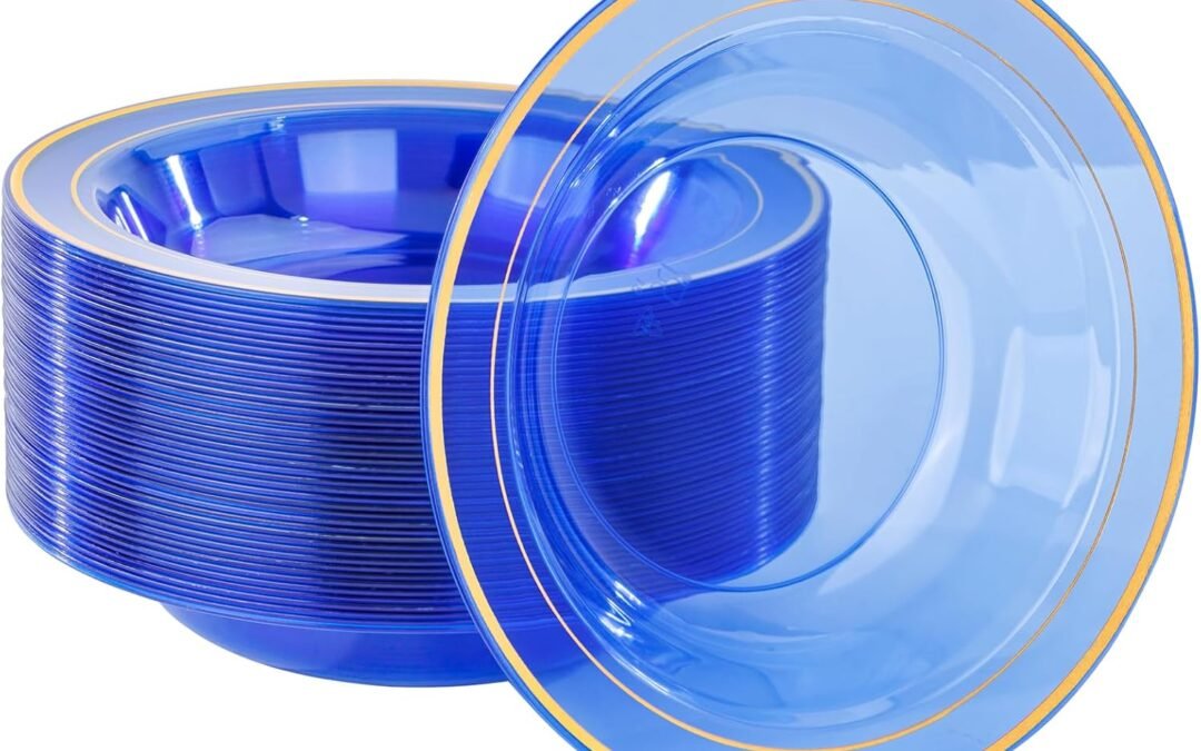 Wholesale Nervure 50 Pack Blue Plastic Bowls with Gold Rim – 12oz Disposable Soup Bowls – Heavy Duty Dessert Bowls, Salad Bowls & Ice Cream Bowls for Weddings, Parties, Dinners, Father’s Day, and Everyday Use Manufacturer