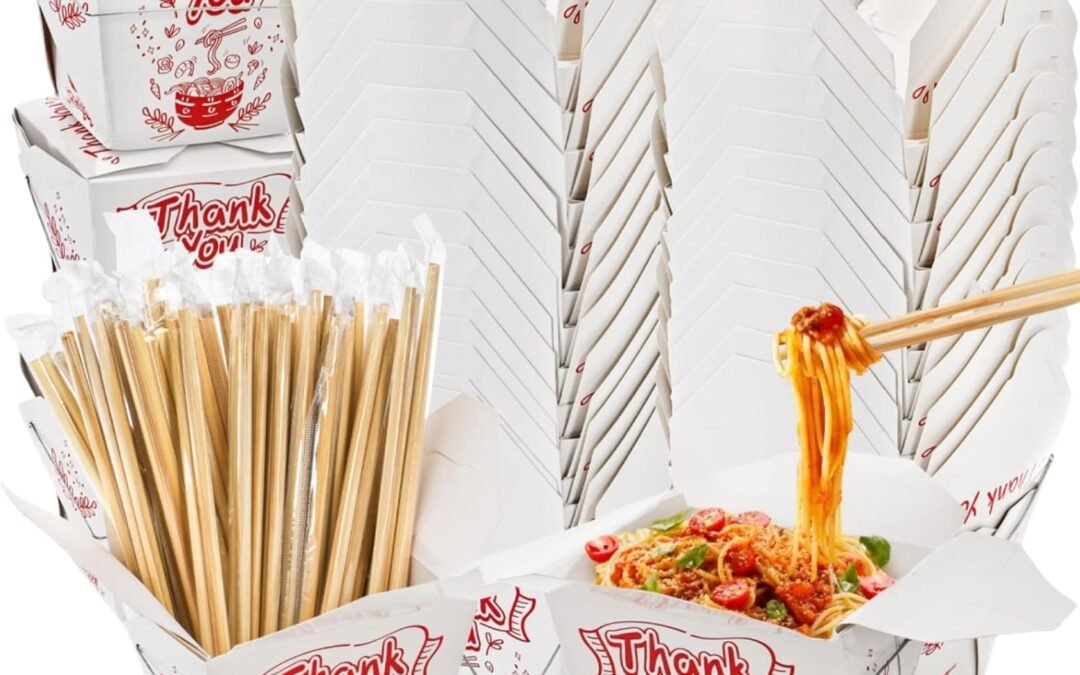 40 Pack Chinese Take Out Boxes, 32 Oz Chinese to Go Boxes with Chopsticks Wire Handles, Disposable Paper Food Container Oyster Pail for Restaurant, Party, Home, Wedding
