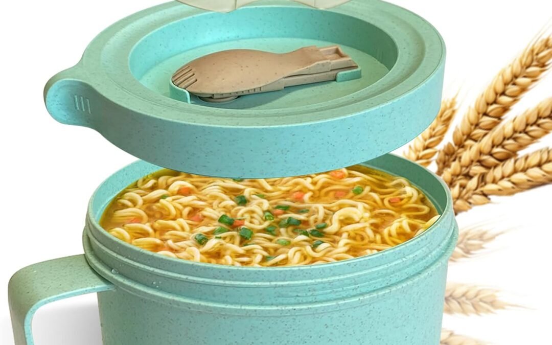 Souper Duper Ramen Bowl Set with Utensil • Microwave, Serve & Eat Noodles in the Same Soup Bowl • Grab-and-Go Leak Proof Lid • Easy to Clean • Freezer Safe • For Dorm, Office, Home (Style A, Green)