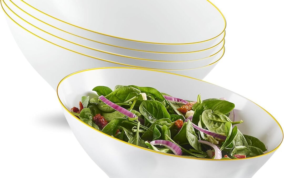 Wholesale PLASTICPRO Angled Plastic Bowls Disposable Large Plastic White Serving Bowls with Gold Rim for Party for Appetizer Salads Pack of 4 Manufacturer