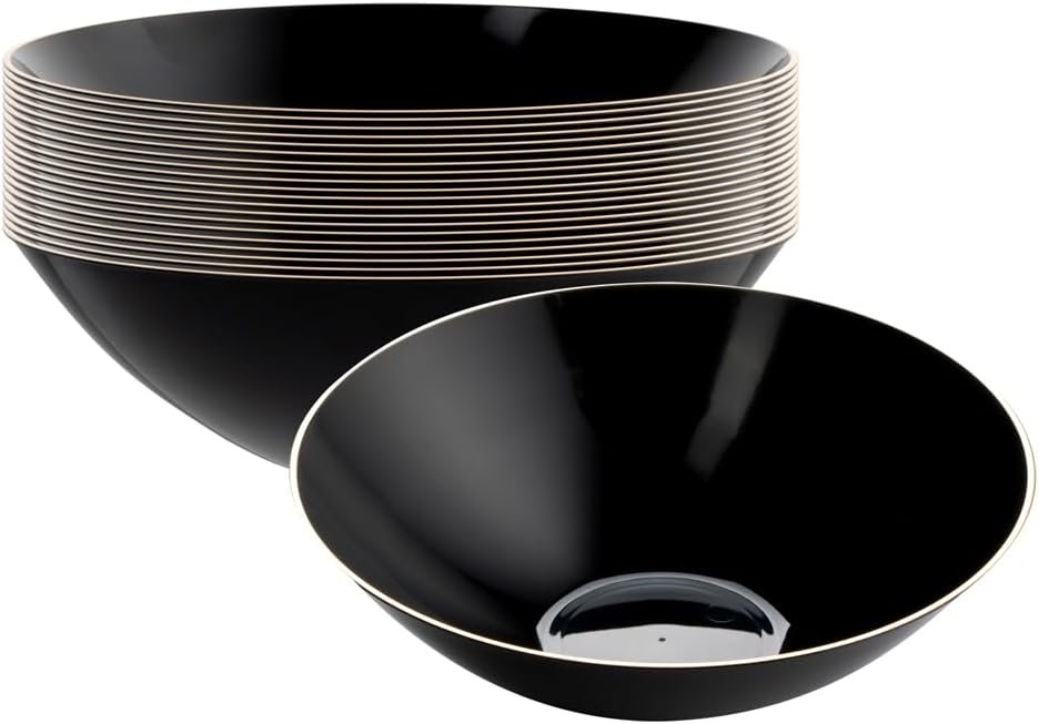 Wholesale Restaurantware Moderna 16 Ounce Plastic Bowls 20 Durable Disposable Salad Bowls – Gold-Rimmed Heavy-Duty Black Plastic Fancy Bowls For Warm And Cold Foods Ideal For Restaurants Manufacturer