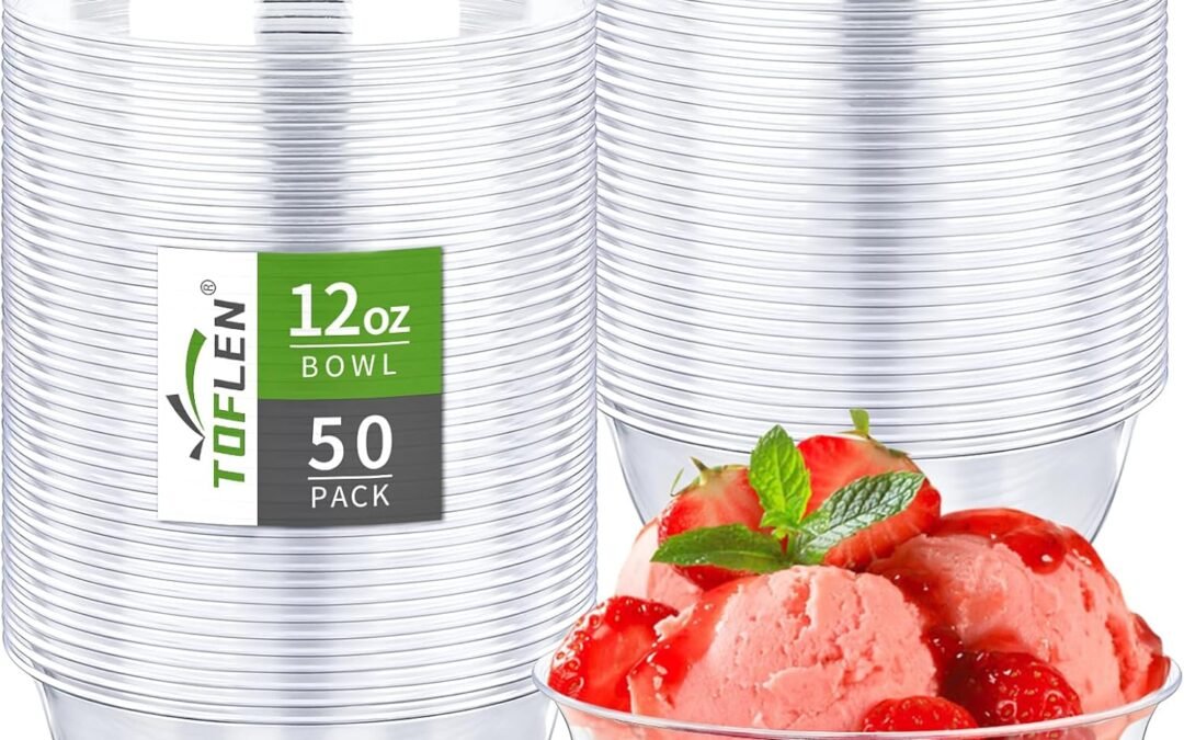 Wholesale TOFLEN 12 oz Clear Plastic Bowls, 50 Pack Disposable Small Hard Plastic Serving Bowls for Party, Ice Cream, dessert, Fruit, appetizer, Soup, Snack, Home or Event Party Supplies (50) Manufacturer