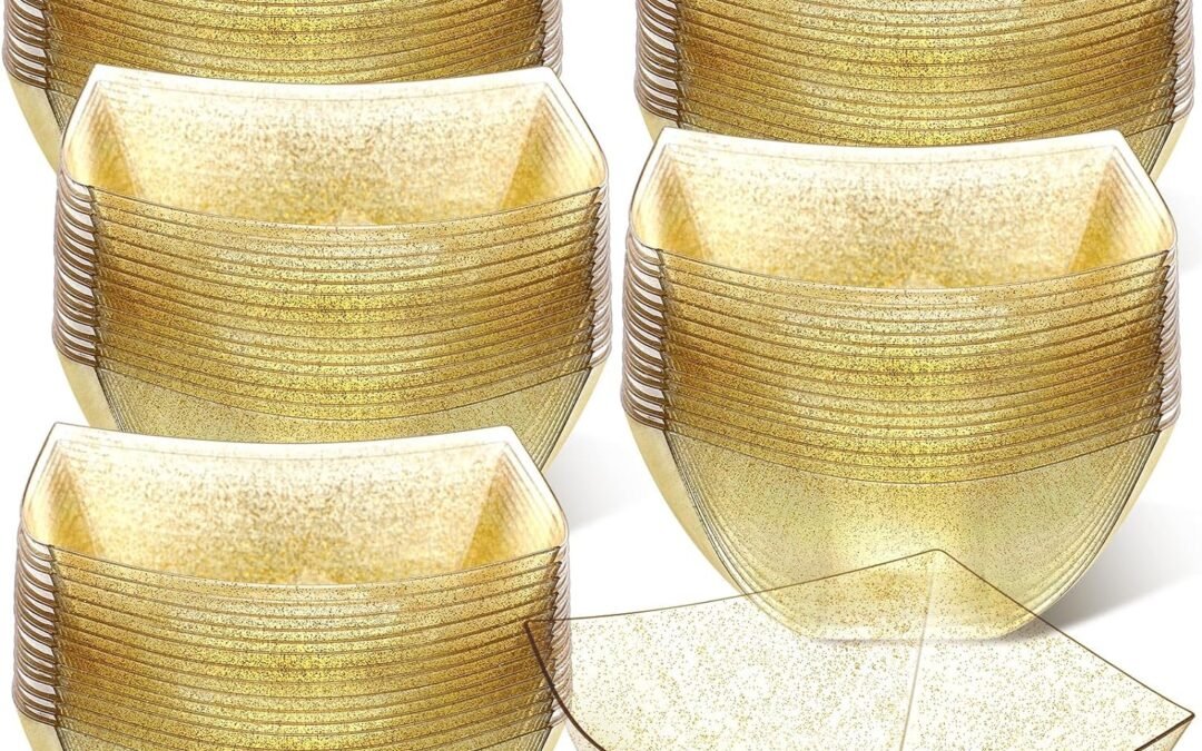 Wholesale Tanlade 50 Pcs Gold Glitter Square Plastic Serving Bowls Disposable Snack Salad Bowl Small Party Candy Bar Containers Taco Bar Serving Dishes for Buffet Chips Fruit(8 oz) Manufacturer