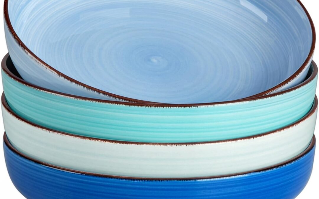 Wholesale vancasso Pasta Bowls Set of 4, 46 oz Ceramic Salad Serving Bowls and Soup Bowls, Microwave Safe Pasta Plates, Large Shallow Kitchen Dishes, Bonita Series – Blue Manufacturer