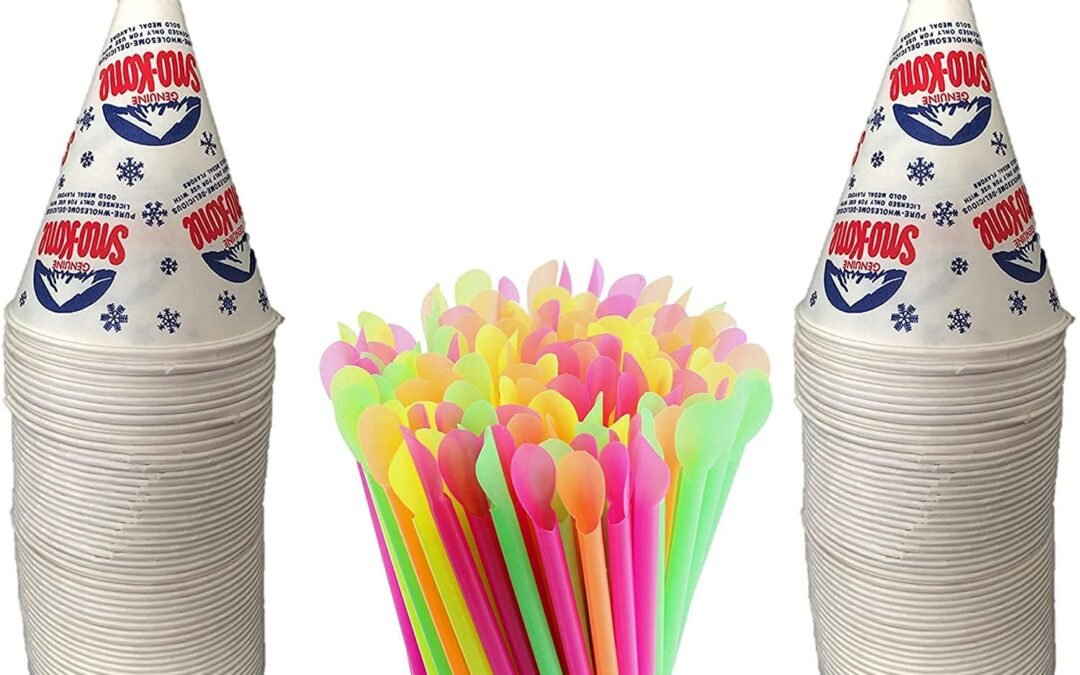 Concession Essentials 100 Count 6oz Snow Cone Cups with 100 8″ Neon Spoon Straws, Pack of 200ct (100 cups/100 straws) In Stock – Direct From Factory